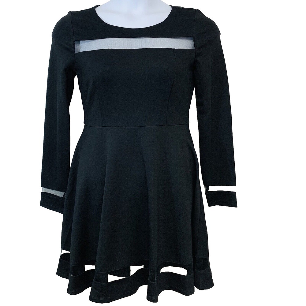 Lulus Fit Flare  Mesh Trim Black‎ Dress Large Above Knee   Long Sleeve Zip Flowy